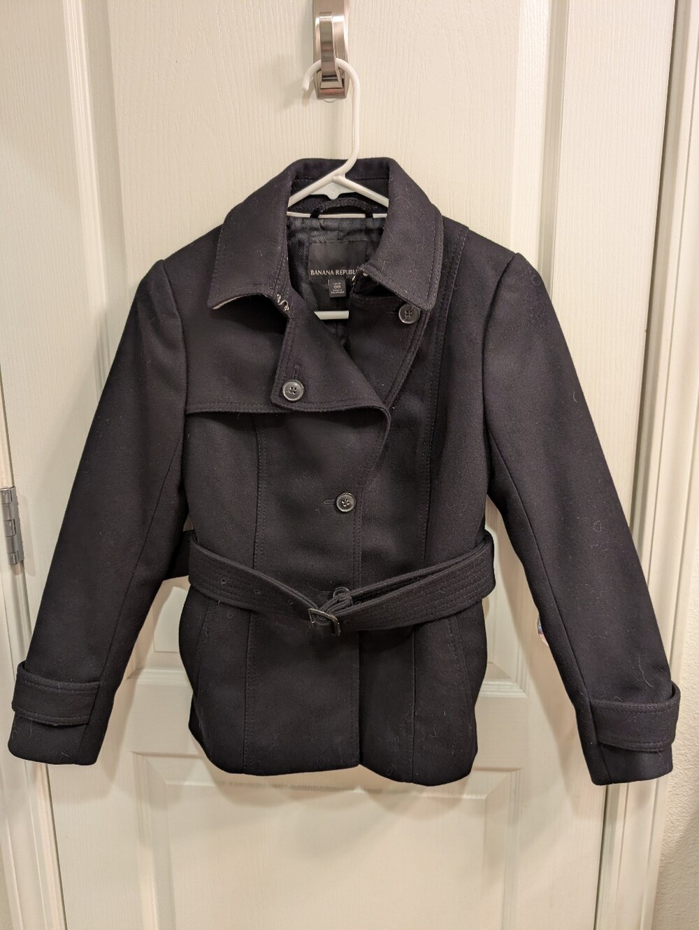 Banana Republic Black Wool Blend Belted Peacoat Jacket Size 00 Petite